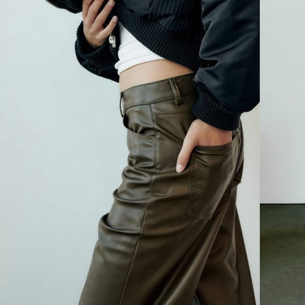 Zara High Waist Khaki Green Faux Leather Straight Wide Leg Trousers  size L ,